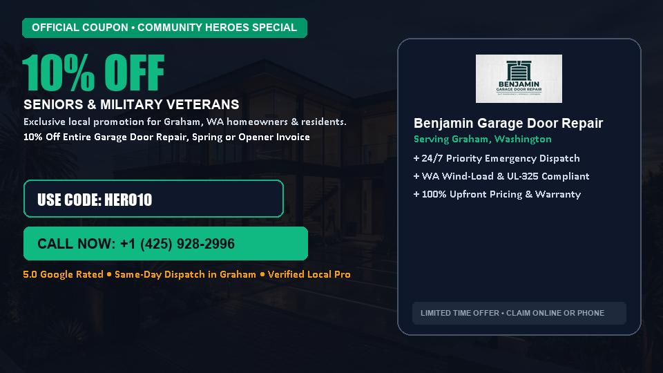 Benjamin Garage Door Repair 10% OFF Seniors & Military Veterans in Graham, WA